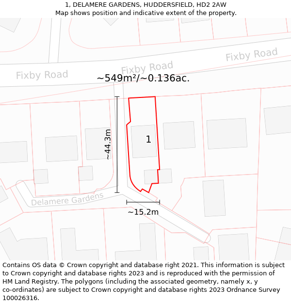 1, DELAMERE GARDENS, HUDDERSFIELD, HD2 2AW: Plot and title map