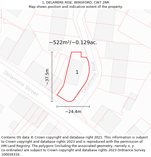1, DELAMERE RISE, WINSFORD, CW7 2NR: Plot and title map