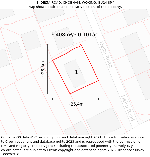 1, DELTA ROAD, CHOBHAM, WOKING, GU24 8PY: Plot and title map