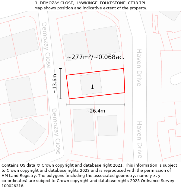 1, DEMOZAY CLOSE, HAWKINGE, FOLKESTONE, CT18 7PL: Plot and title map