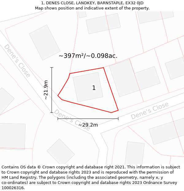 1, DENES CLOSE, LANDKEY, BARNSTAPLE, EX32 0JD: Plot and title map