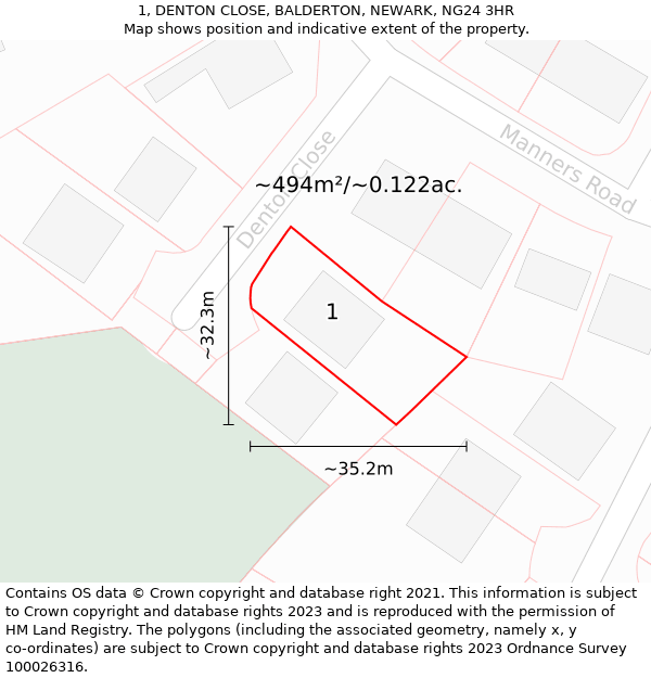 1, DENTON CLOSE, BALDERTON, NEWARK, NG24 3HR: Plot and title map