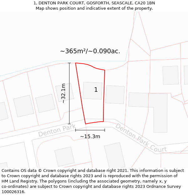 1, DENTON PARK COURT, GOSFORTH, SEASCALE, CA20 1BN: Plot and title map