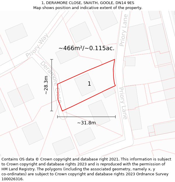 1, DERAMORE CLOSE, SNAITH, GOOLE, DN14 9ES: Plot and title map