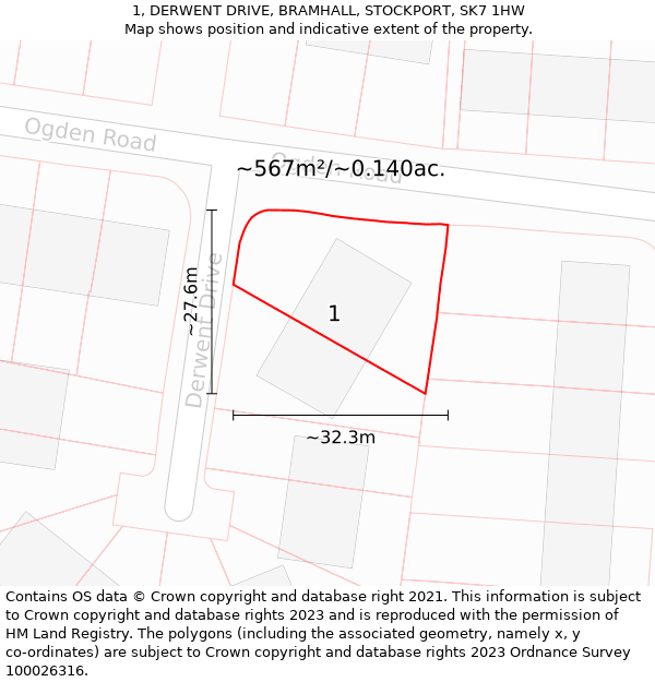 1, DERWENT DRIVE, BRAMHALL, STOCKPORT, SK7 1HW: Plot and title map