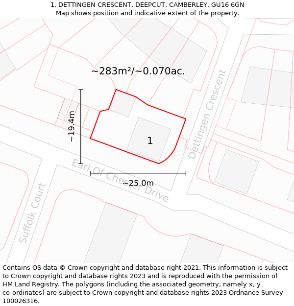 1, DETTINGEN CRESCENT, DEEPCUT, CAMBERLEY, GU16 6GN: Plot and title map