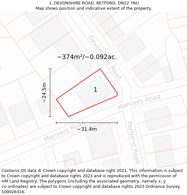 1, DEVONSHIRE ROAD, RETFORD, DN22 7NU: Plot and title map