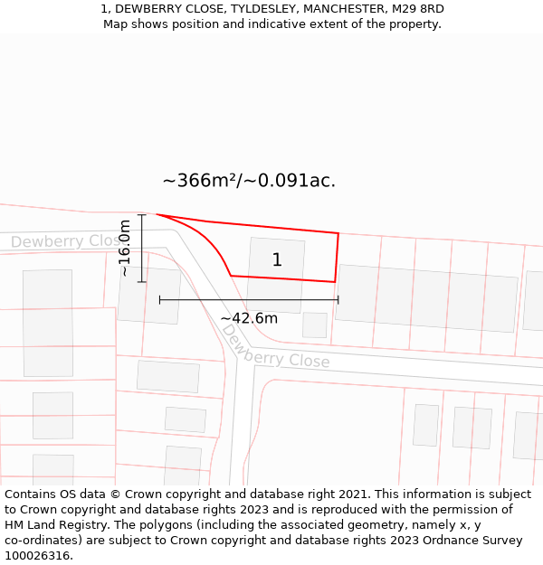 1, DEWBERRY CLOSE, TYLDESLEY, MANCHESTER, M29 8RD: Plot and title map