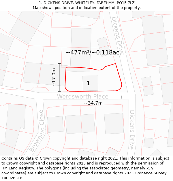 1, DICKENS DRIVE, WHITELEY, FAREHAM, PO15 7LZ: Plot and title map