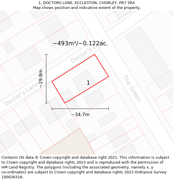 1, DOCTORS LANE, ECCLESTON, CHORLEY, PR7 5RA: Plot and title map