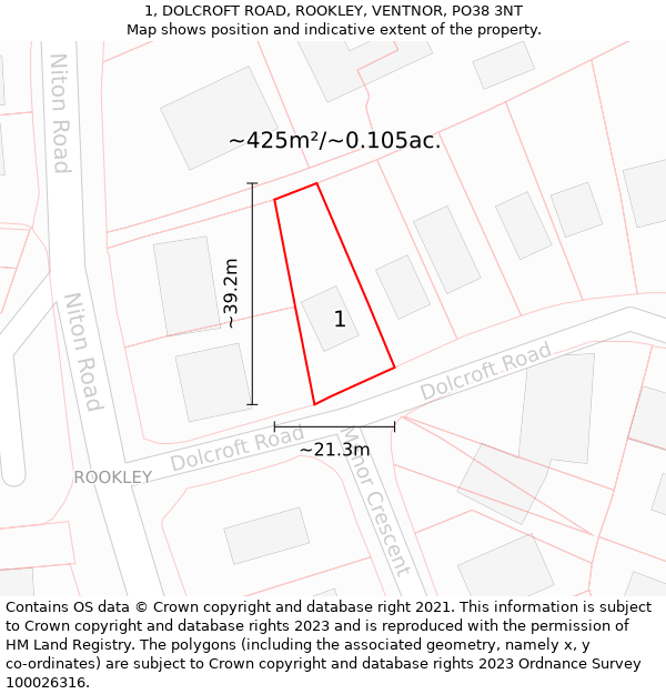 1, DOLCROFT ROAD, ROOKLEY, VENTNOR, PO38 3NT: Plot and title map