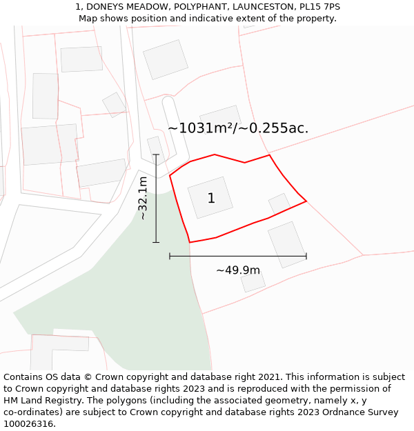 1, DONEYS MEADOW, POLYPHANT, LAUNCESTON, PL15 7PS: Plot and title map