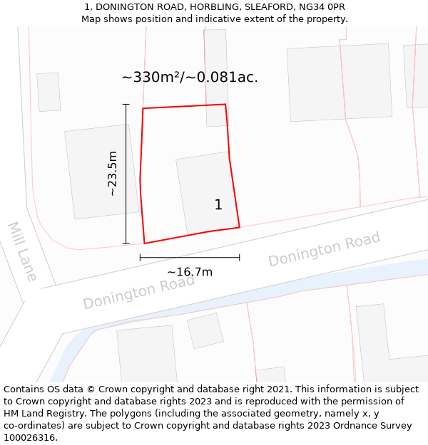 1, DONINGTON ROAD, HORBLING, SLEAFORD, NG34 0PR: Plot and title map