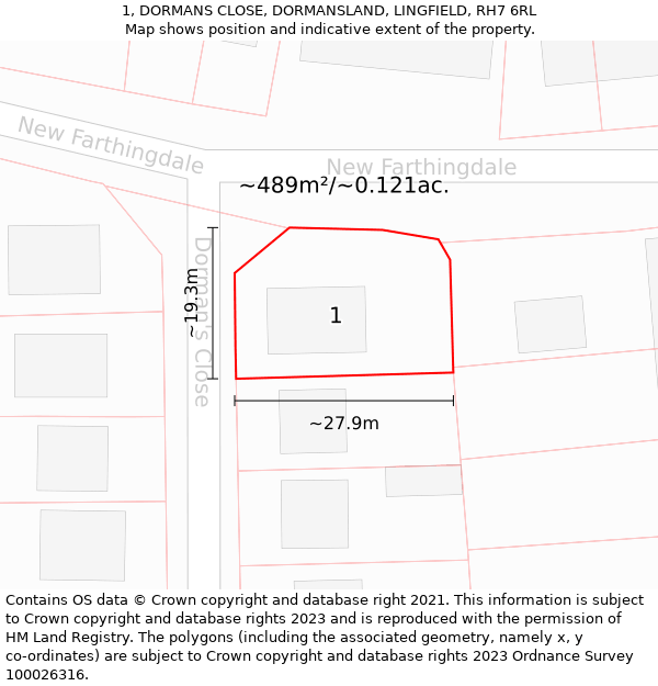 1, DORMANS CLOSE, DORMANSLAND, LINGFIELD, RH7 6RL: Plot and title map