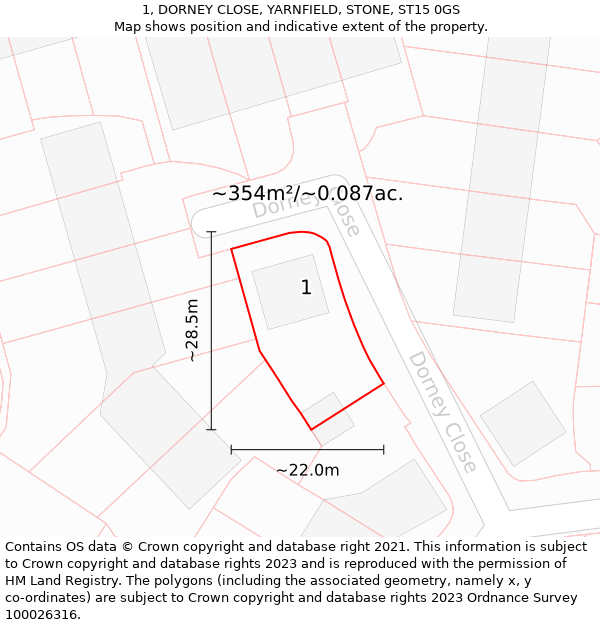 1, DORNEY CLOSE, YARNFIELD, STONE, ST15 0GS: Plot and title map