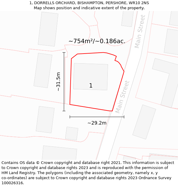 1, DORRELLS ORCHARD, BISHAMPTON, PERSHORE, WR10 2NS: Plot and title map