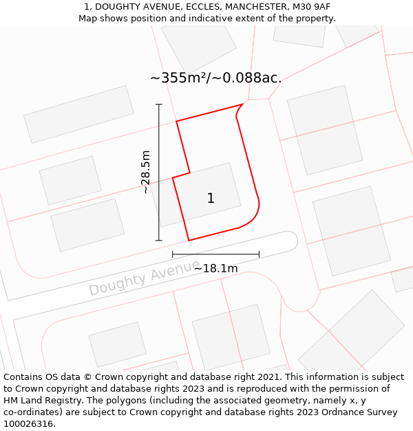 1, DOUGHTY AVENUE, ECCLES, MANCHESTER, M30 9AF: Plot and title map