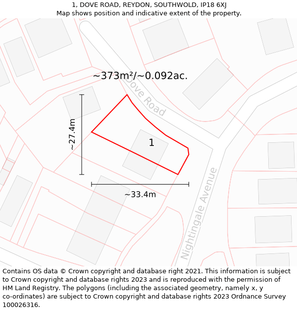 1, DOVE ROAD, REYDON, SOUTHWOLD, IP18 6XJ: Plot and title map