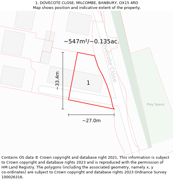 1, DOVECOTE CLOSE, MILCOMBE, BANBURY, OX15 4RD: Plot and title map