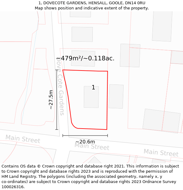 1, DOVECOTE GARDENS, HENSALL, GOOLE, DN14 0RU: Plot and title map