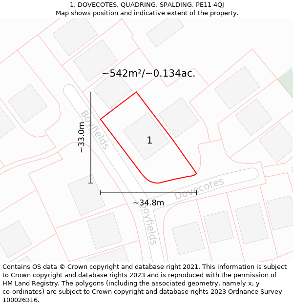 1, DOVECOTES, QUADRING, SPALDING, PE11 4QJ: Plot and title map