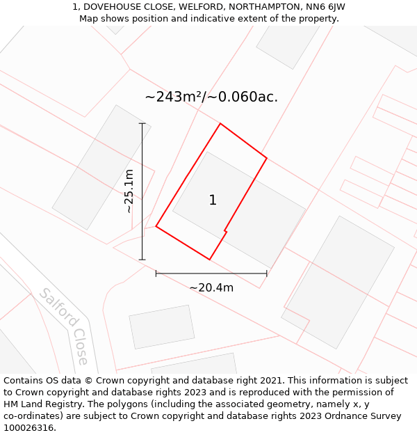 1, DOVEHOUSE CLOSE, WELFORD, NORTHAMPTON, NN6 6JW: Plot and title map