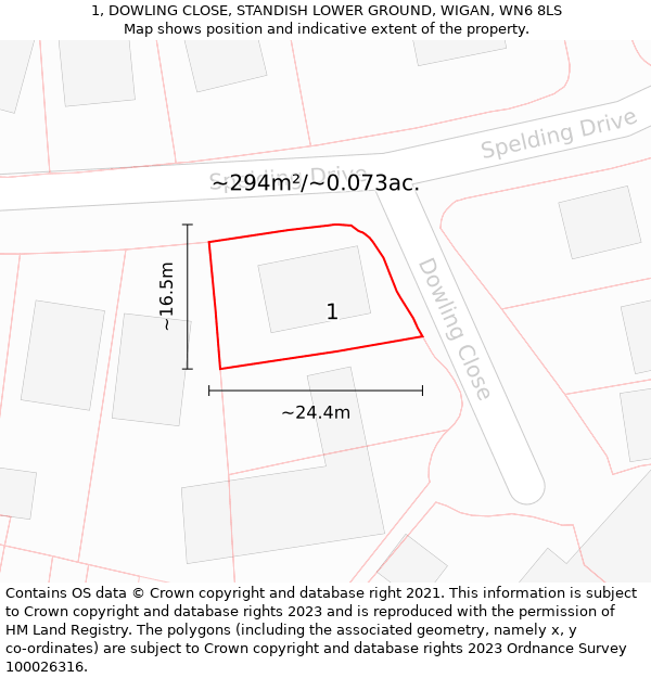 1, DOWLING CLOSE, STANDISH LOWER GROUND, WIGAN, WN6 8LS: Plot and title map