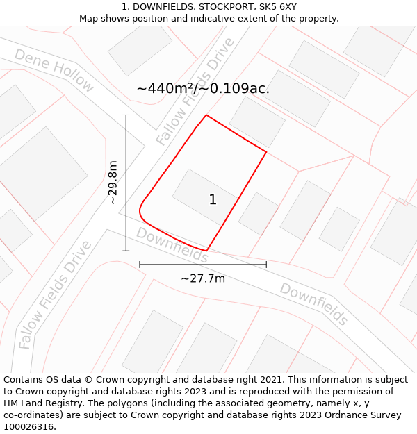 1, DOWNFIELDS, STOCKPORT, SK5 6XY: Plot and title map