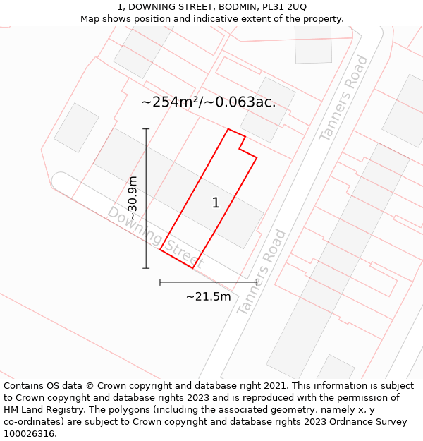 1, DOWNING STREET, BODMIN, PL31 2UQ: Plot and title map