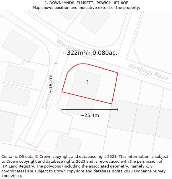 1, DOWNLANDS, ELMSETT, IPSWICH, IP7 6QF: Plot and title map