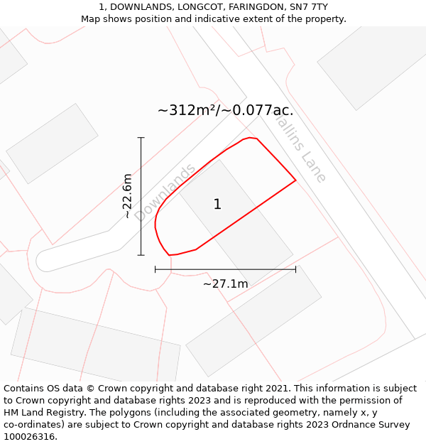 1, DOWNLANDS, LONGCOT, FARINGDON, SN7 7TY: Plot and title map