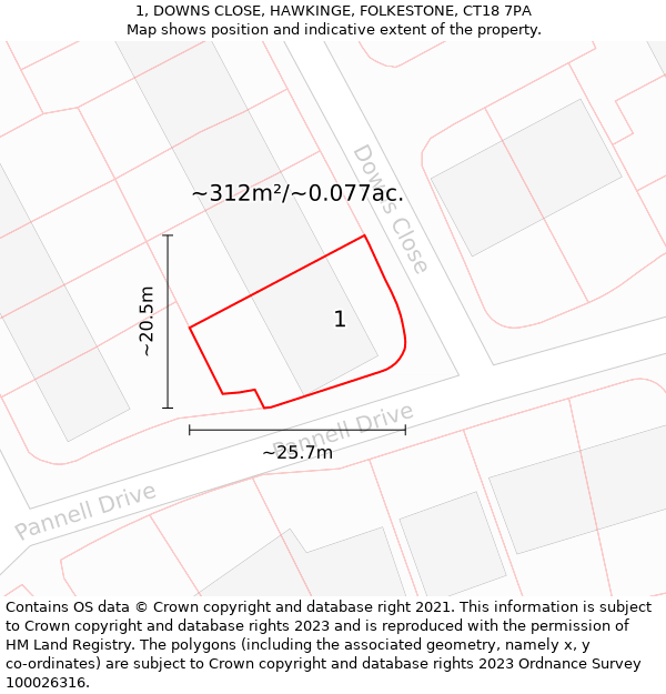 1, DOWNS CLOSE, HAWKINGE, FOLKESTONE, CT18 7PA: Plot and title map