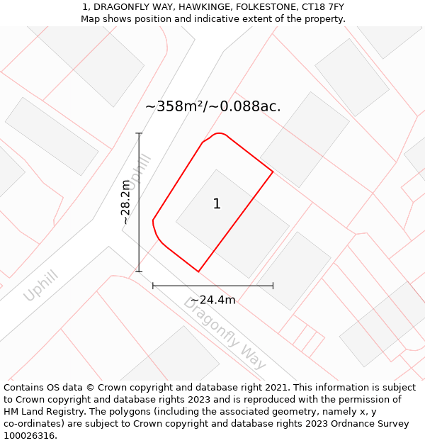 1, DRAGONFLY WAY, HAWKINGE, FOLKESTONE, CT18 7FY: Plot and title map