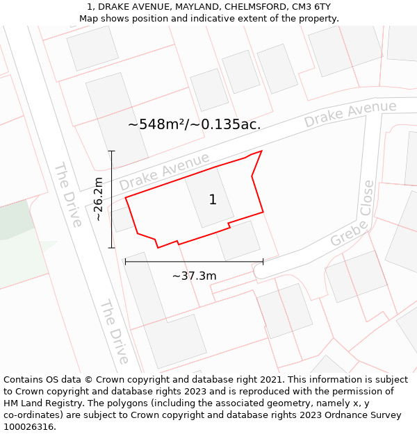 1, DRAKE AVENUE, MAYLAND, CHELMSFORD, CM3 6TY: Plot and title map