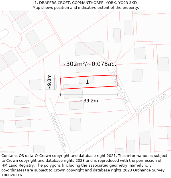 1, DRAPERS CROFT, COPMANTHORPE, YORK, YO23 3XD: Plot and title map