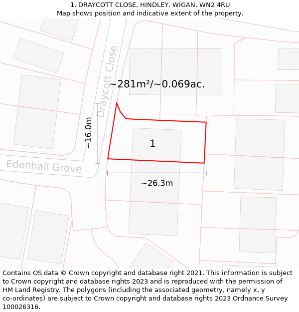 1, DRAYCOTT CLOSE, HINDLEY, WIGAN, WN2 4RU: Plot and title map