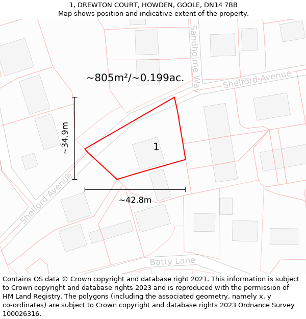 1, DREWTON COURT, HOWDEN, GOOLE, DN14 7BB: Plot and title map