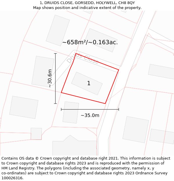 1, DRUIDS CLOSE, GORSEDD, HOLYWELL, CH8 8QY: Plot and title map
