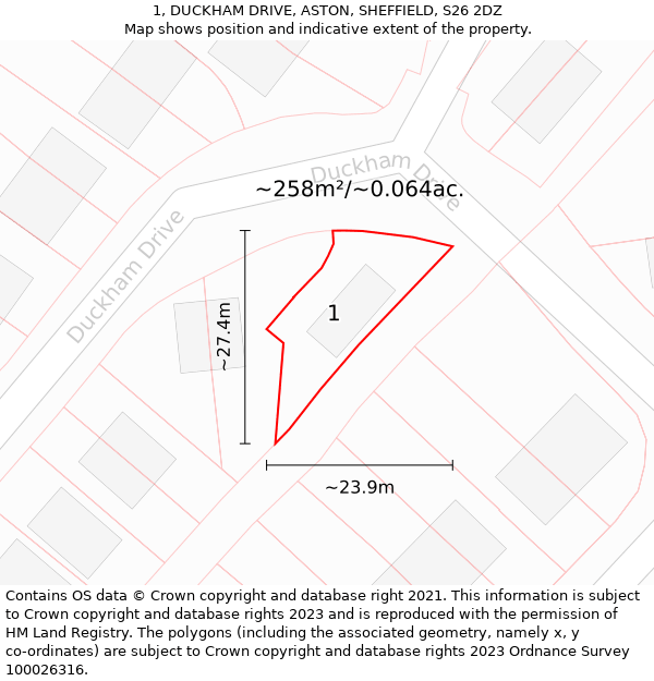 1, DUCKHAM DRIVE, ASTON, SHEFFIELD, S26 2DZ: Plot and title map