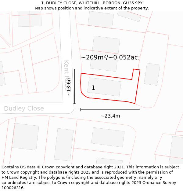 1, DUDLEY CLOSE, WHITEHILL, BORDON, GU35 9PY: Plot and title map