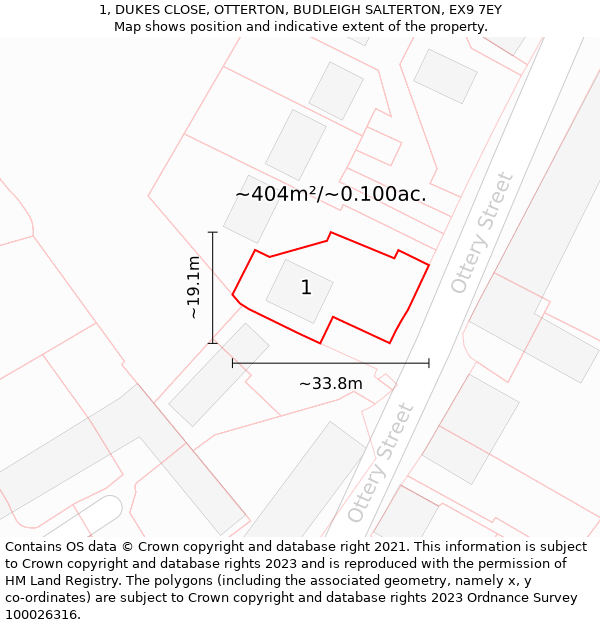 1, DUKES CLOSE, OTTERTON, BUDLEIGH SALTERTON, EX9 7EY: Plot and title map