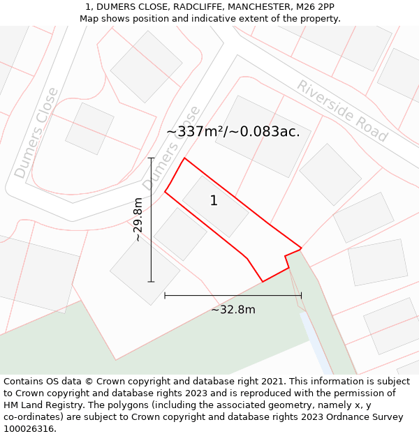 1, DUMERS CLOSE, RADCLIFFE, MANCHESTER, M26 2PP: Plot and title map