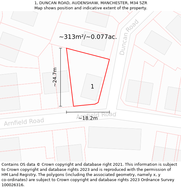 1, DUNCAN ROAD, AUDENSHAW, MANCHESTER, M34 5ZR: Plot and title map