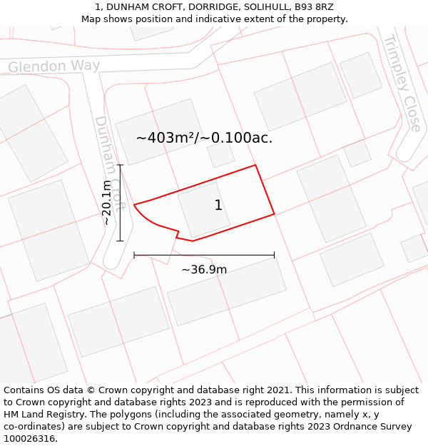 1, DUNHAM CROFT, DORRIDGE, SOLIHULL, B93 8RZ: Plot and title map