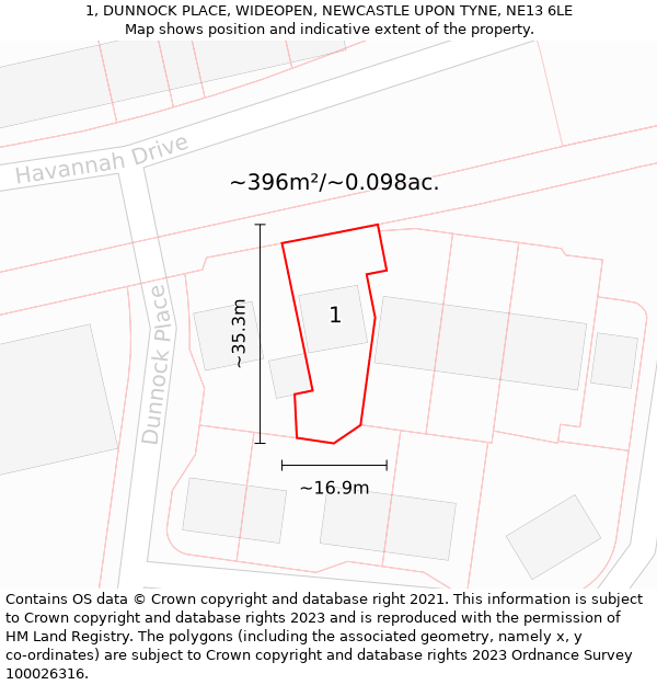 1, DUNNOCK PLACE, WIDEOPEN, NEWCASTLE UPON TYNE, NE13 6LE: Plot and title map