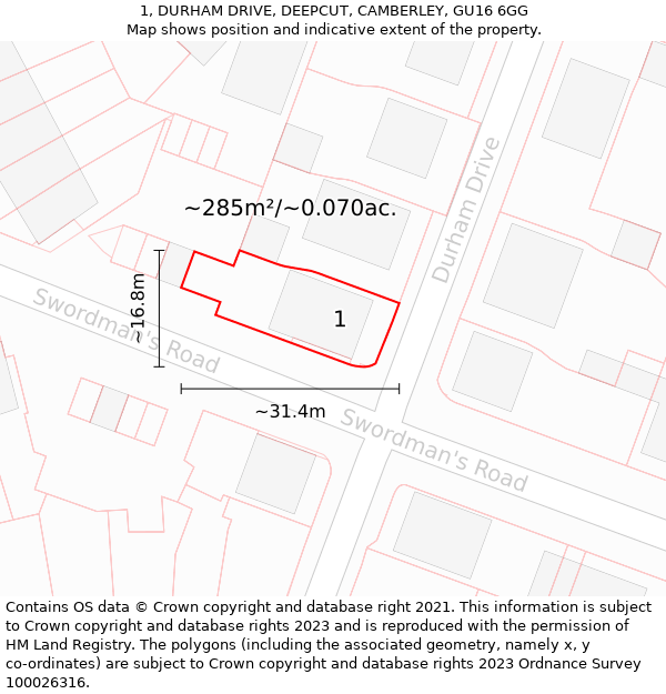 1, DURHAM DRIVE, DEEPCUT, CAMBERLEY, GU16 6GG: Plot and title map