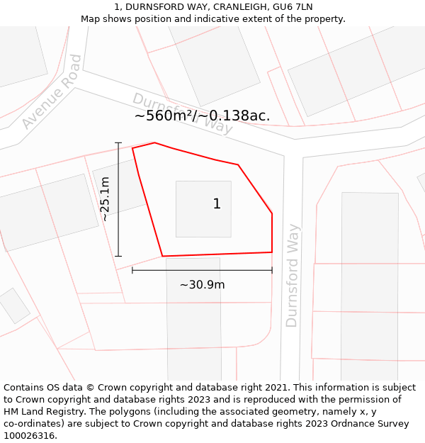 1, DURNSFORD WAY, CRANLEIGH, GU6 7LN: Plot and title map