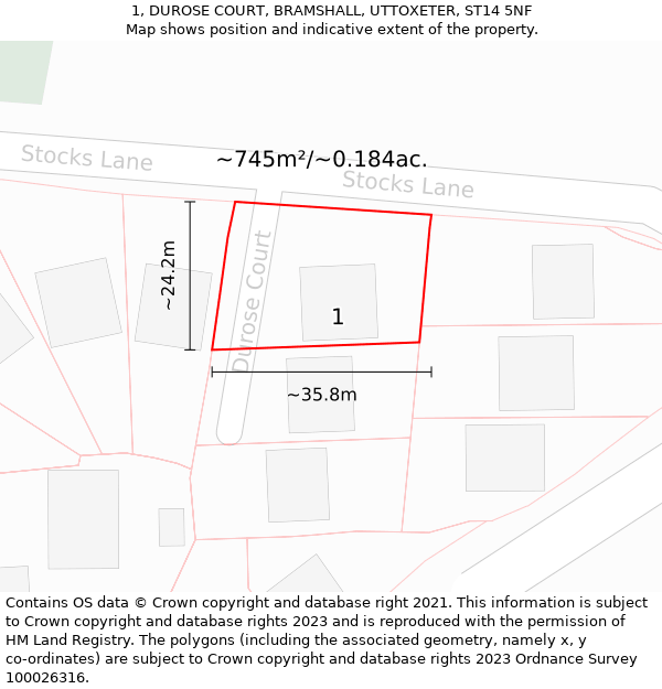 1, DUROSE COURT, BRAMSHALL, UTTOXETER, ST14 5NF: Plot and title map