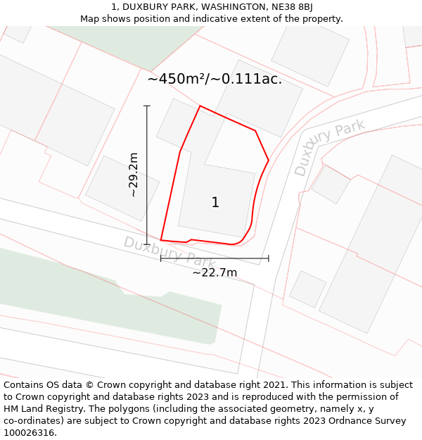 1, DUXBURY PARK, WASHINGTON, NE38 8BJ: Plot and title map