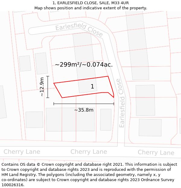 1, EARLESFIELD CLOSE, SALE, M33 4UR: Plot and title map